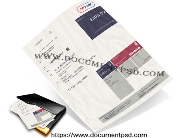 npower Electricity Bill. United Kingdom. PSD Template
