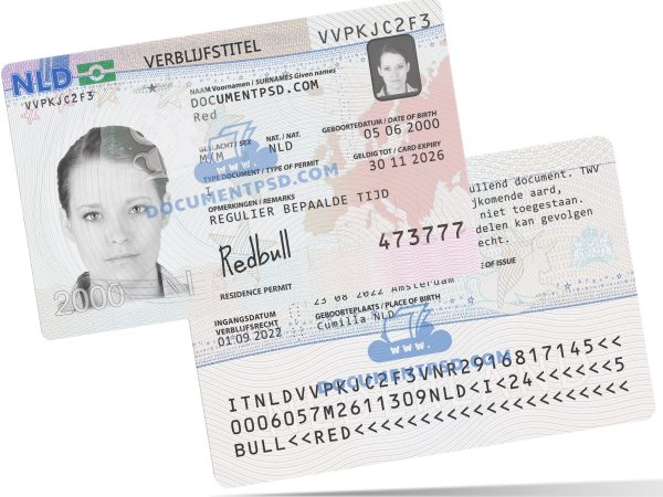 Residence permit card Netherlands PSD Template +UV