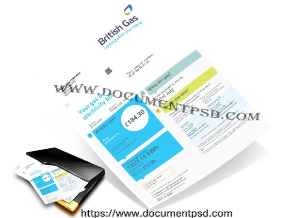 British Gas Gas & Electricity Bill. United Kingdom PSD Template
