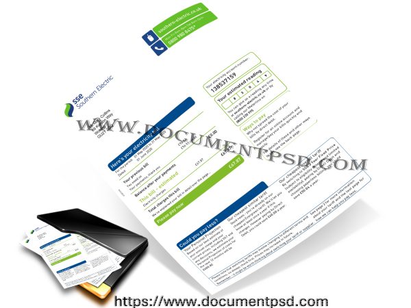 SSE Southern Electric Electricity Bill.United Kingdom. PSD Template