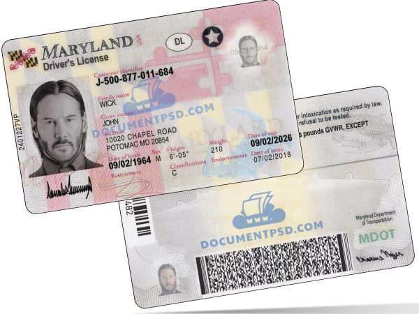 Maryland Driver License PSD Template