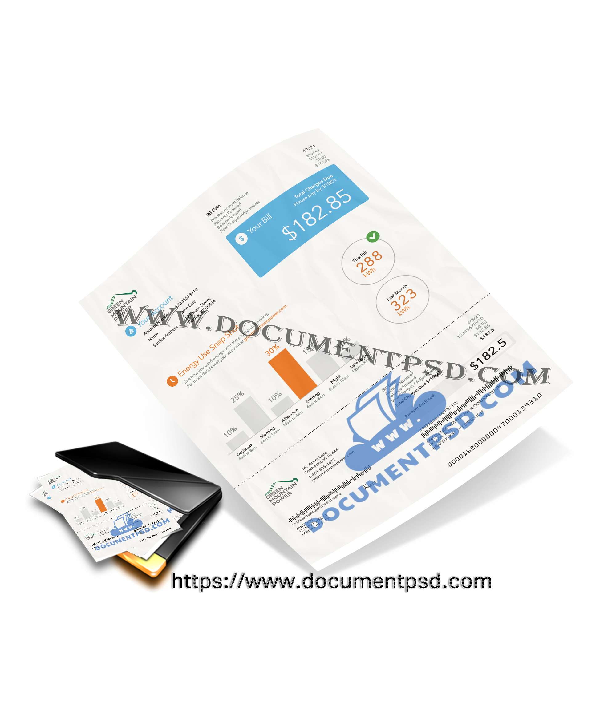 Green Mountain Power Electric Bill. Vermont USA PSD Template