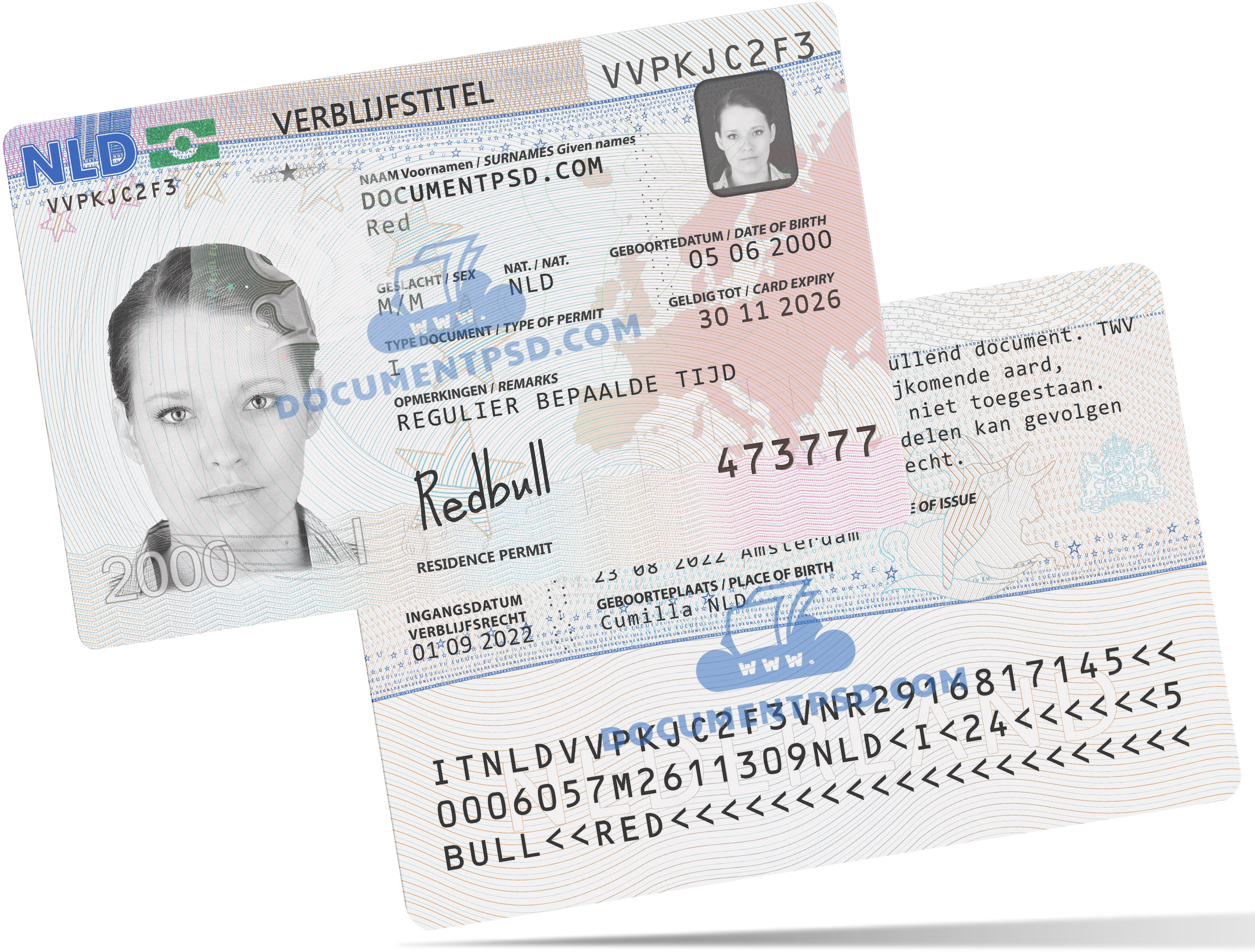 Residence permit card Netherlands PSD Template +UV