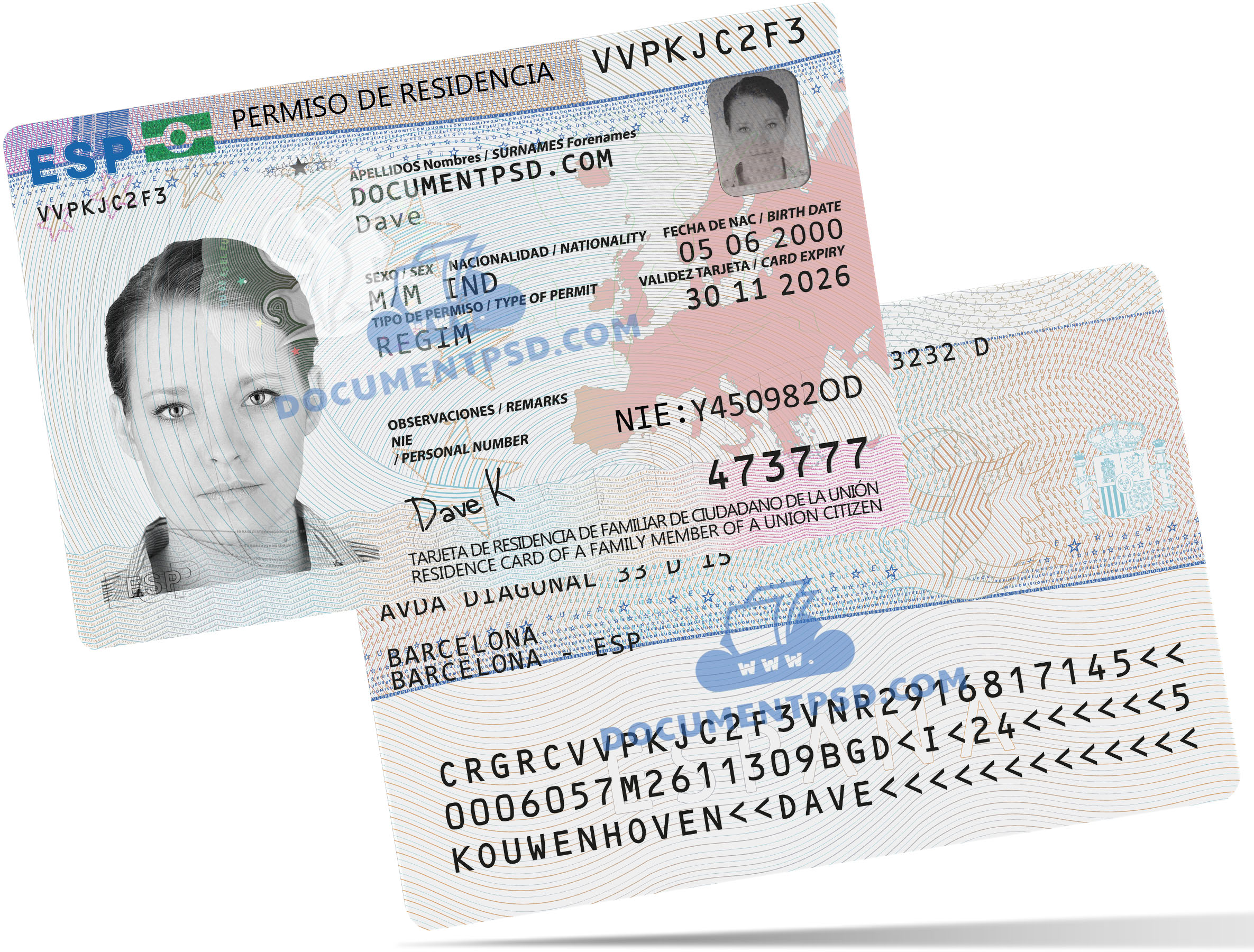 Spain Residence Permit PSD Template + UV